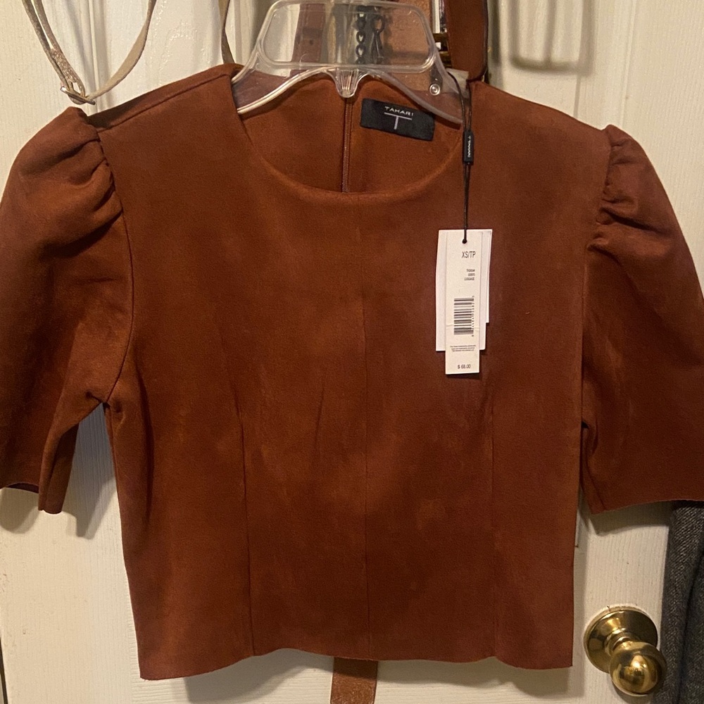 Tahari Chestnut Brown Puff-Sleeve Suede Top